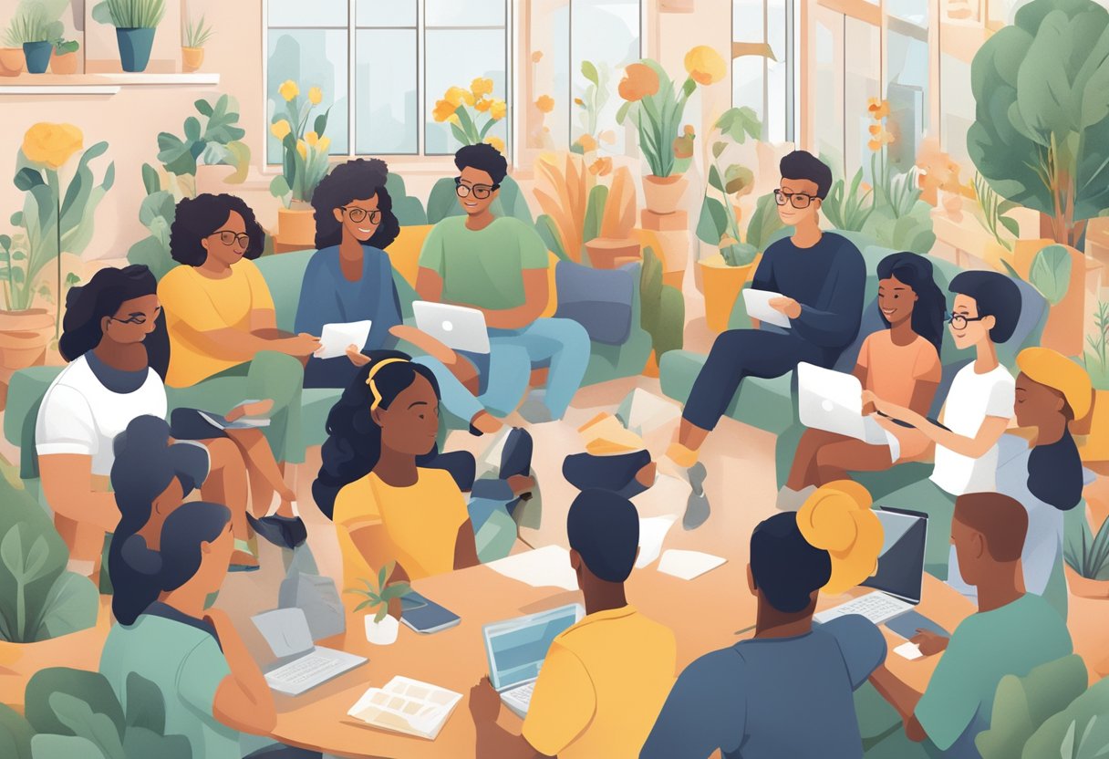 A diverse group of people engage with Buttercup's social media content, commenting, liking, and sharing posts. The community building is evident through the interactions and growth in followers