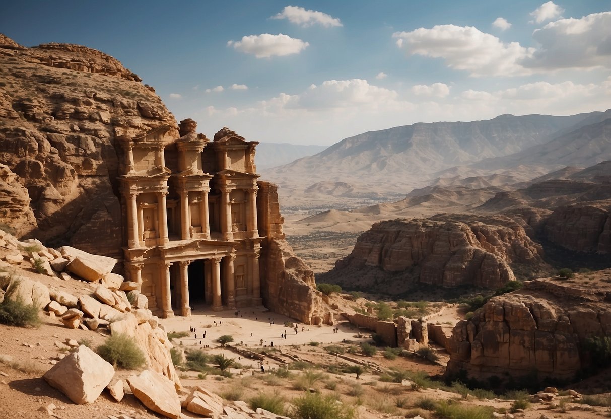 A mountainous landscape with ancient architectural ruins in Jordan, inspired by Petra's unique blend of natural and man-made beauty