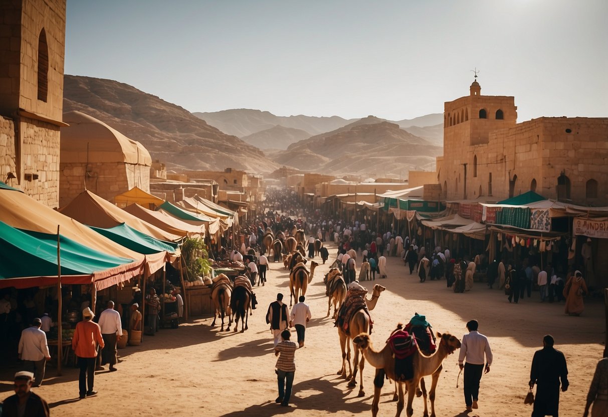 A bustling Jordanian market with colorful stalls and traditional architecture. A camel caravan passes by, adding to the lively atmosphere