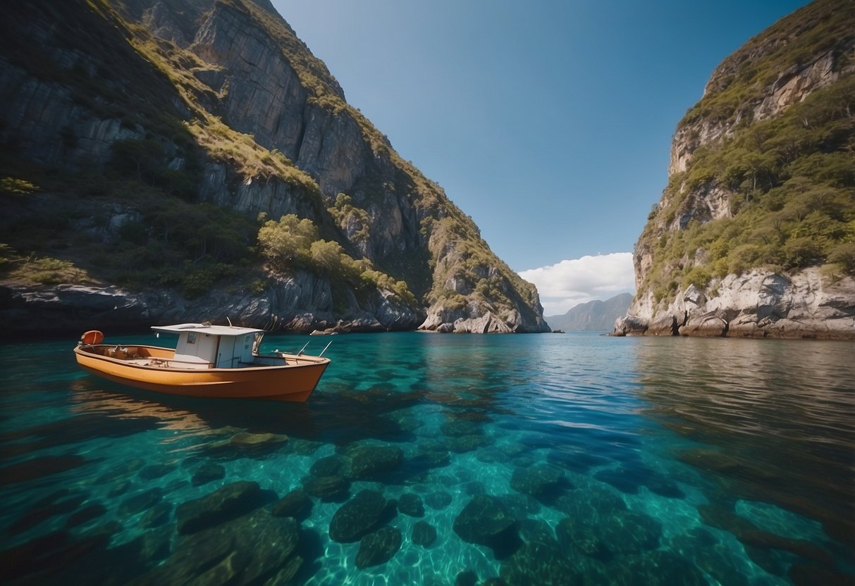 A serene bay with clear blue waters, surrounded by rugged cliffs and lush greenery. A small fishing boat peacefully floats in the calm waters, while colorful fish swim beneath the surface