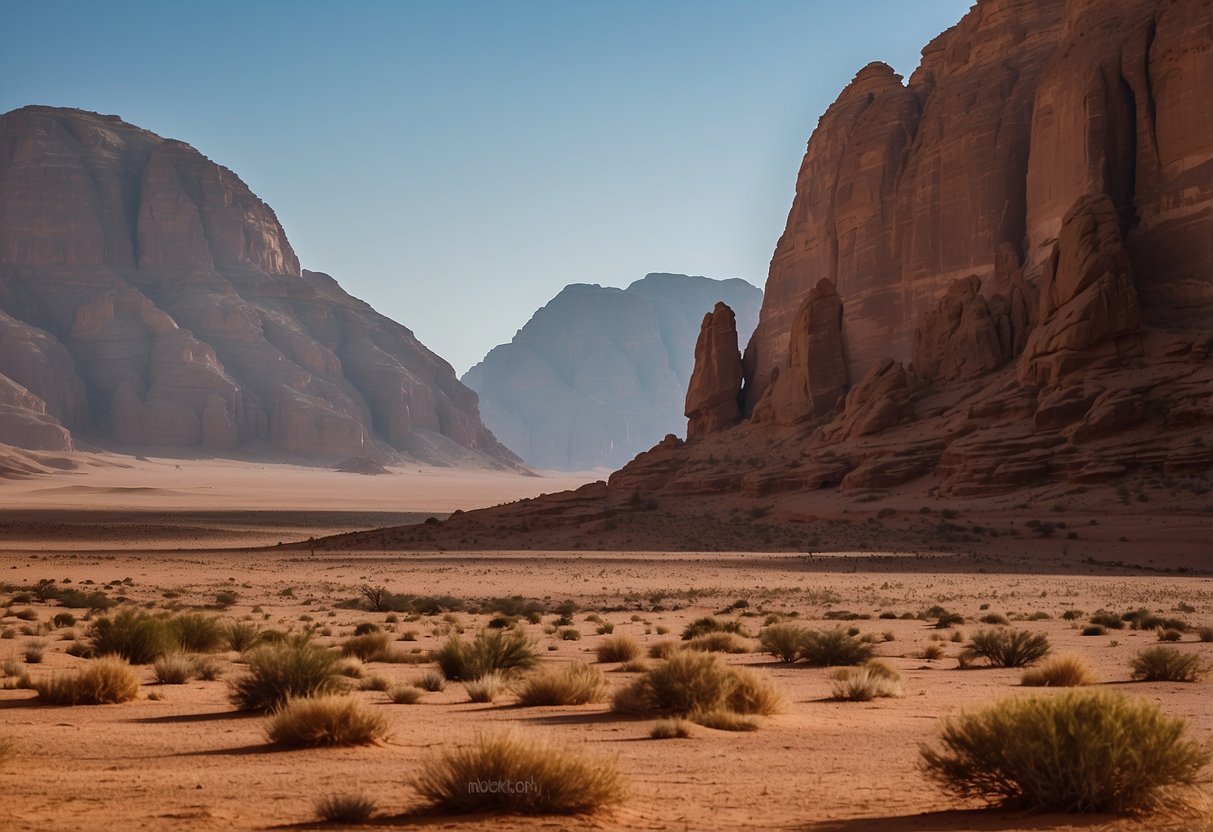 Vast, red desert landscape with towering rock formations and a clear blue sky in Wadi Rum, Jordan