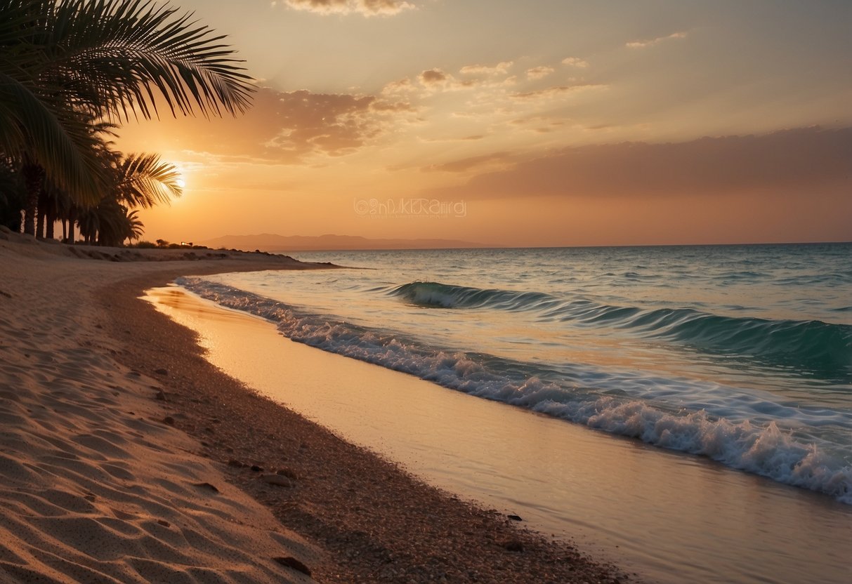 A serene beach scene in Jordan, with calm waves, palm trees, and a colorful sunset over the Dead Sea