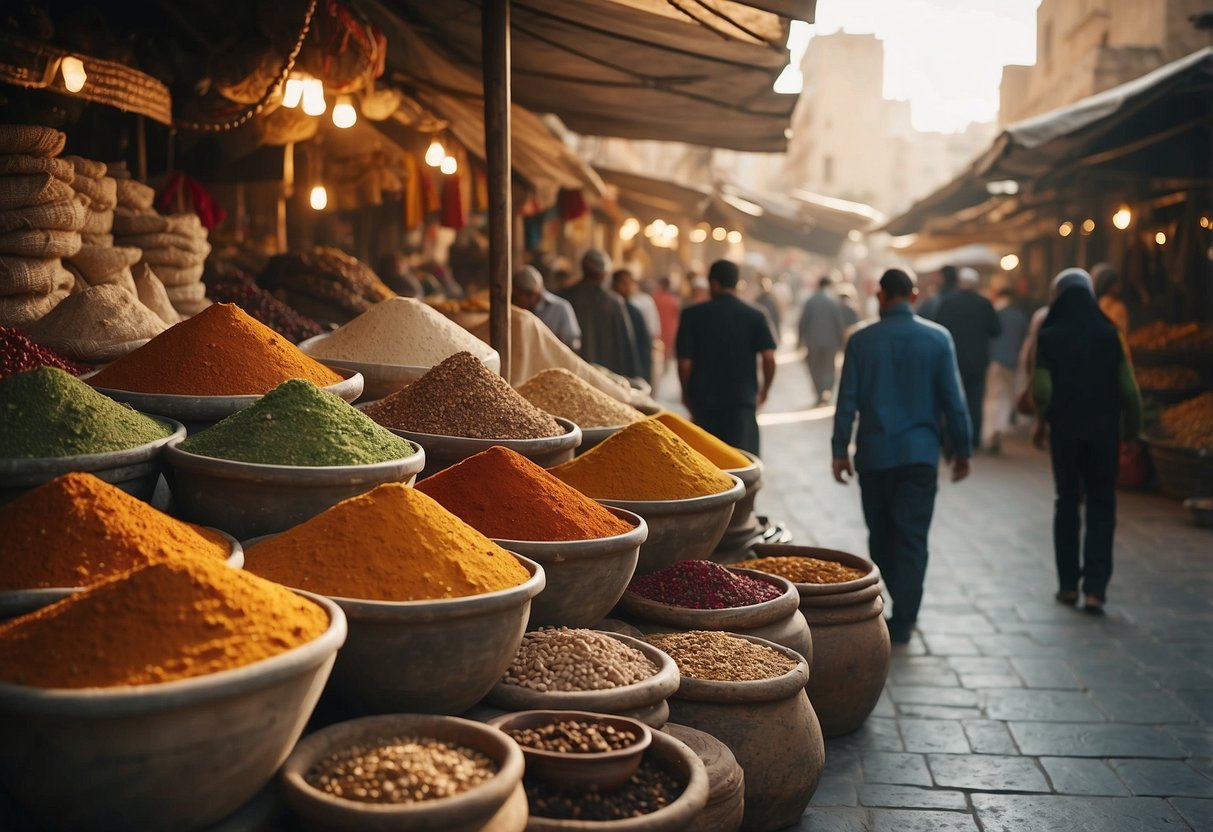 A bustling Jordanian market with colorful spices, traditional textiles, and ornate pottery on display. The aroma of Middle Eastern cuisine fills the air as locals and tourists explore the vibrant scene