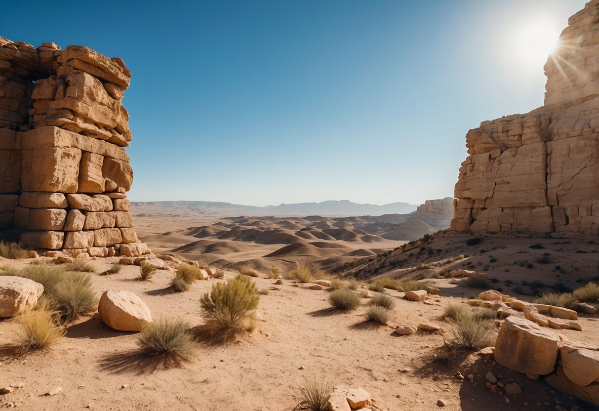 A desert landscape with ancient ruins and a clear blue sky in Jordan