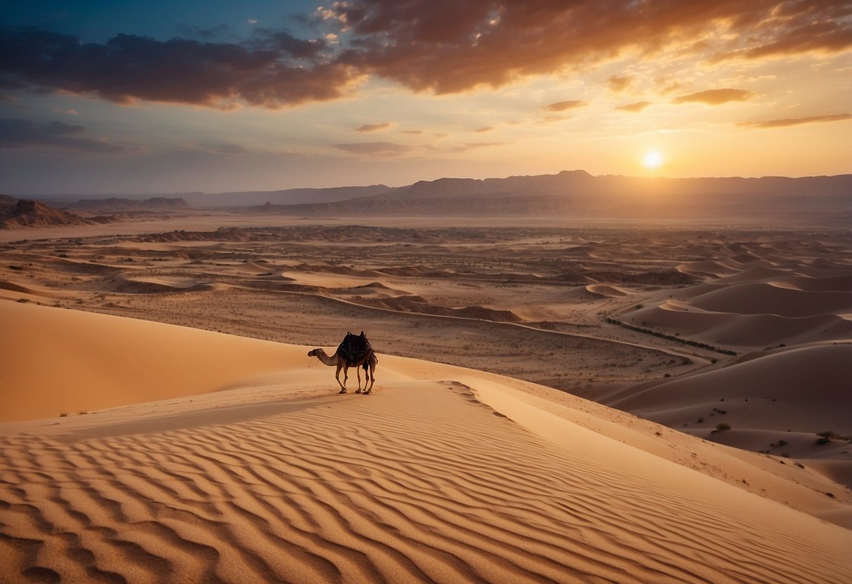 A desert landscape in Jordan with ancient ruins and a vibrant sunset sky. Sand dunes stretch into the distance, while a lone camel wanders through the scene