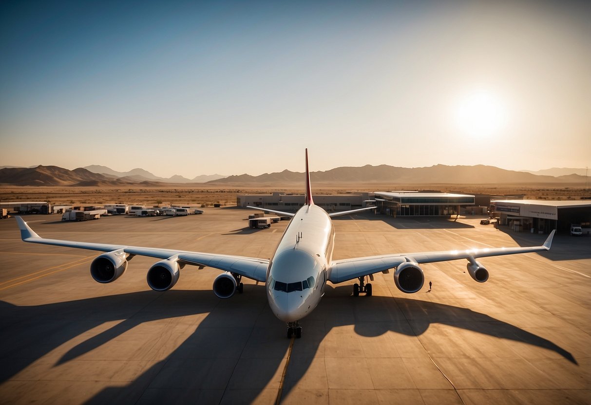 Scene in Jordan: Airport with planes, rental car office, desert landscape