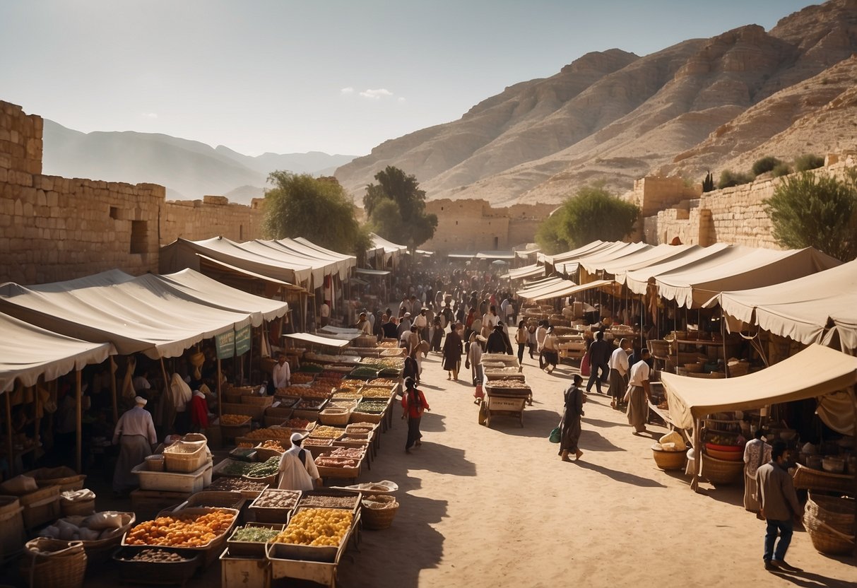 A bustling marketplace in Jordan, with colorful stalls and vendors selling various goods. A backdrop of ancient ruins and mountains adds to the picturesque scene