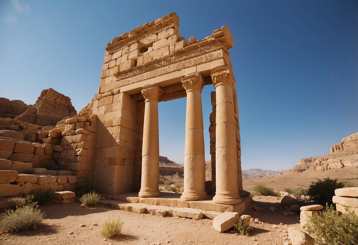 A desert landscape with ancient ruins and a clear blue sky in Jordan