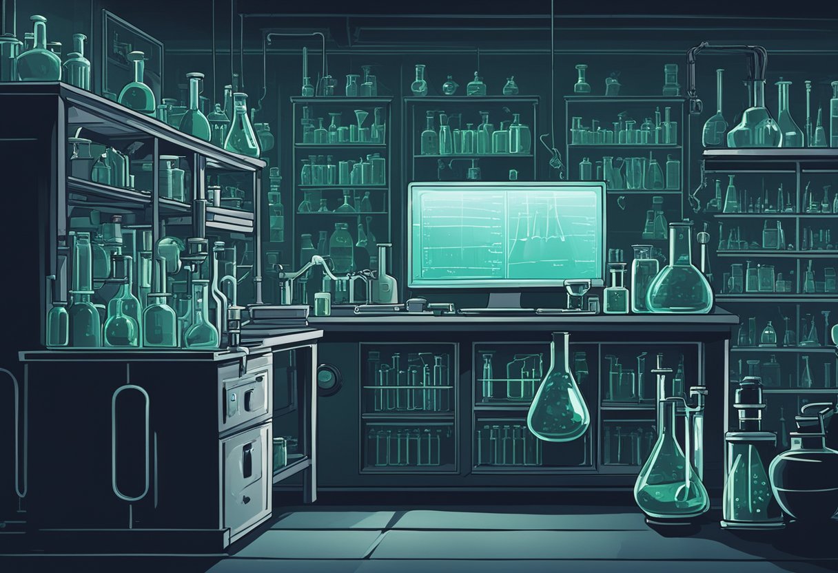 A dark laboratory with bubbling beakers and ominous shadows. A flickering monitor displays eerie scientific data. Sinister creatures lurk in the background