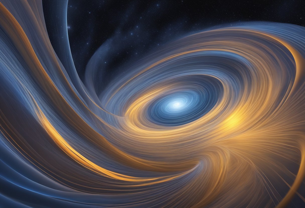 A swirling vortex distorts the fabric of space-time, bending light and slowing time within its grasp