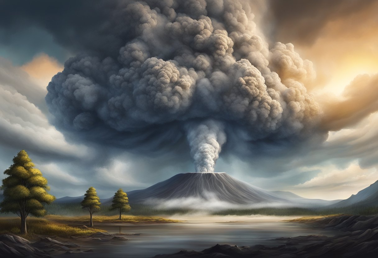 Supervolcano erupts, spewing ash and gas into the atmosphere. Dark clouds blanket the sky as the earth trembles. Global climate is impacted