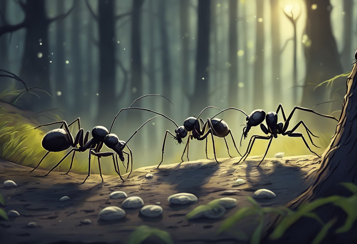 Zombie ants controlled by parasitic fungus. Creepy, haunting atmosphere. Dark forest setting with eerie lighting. Ants with distorted movements