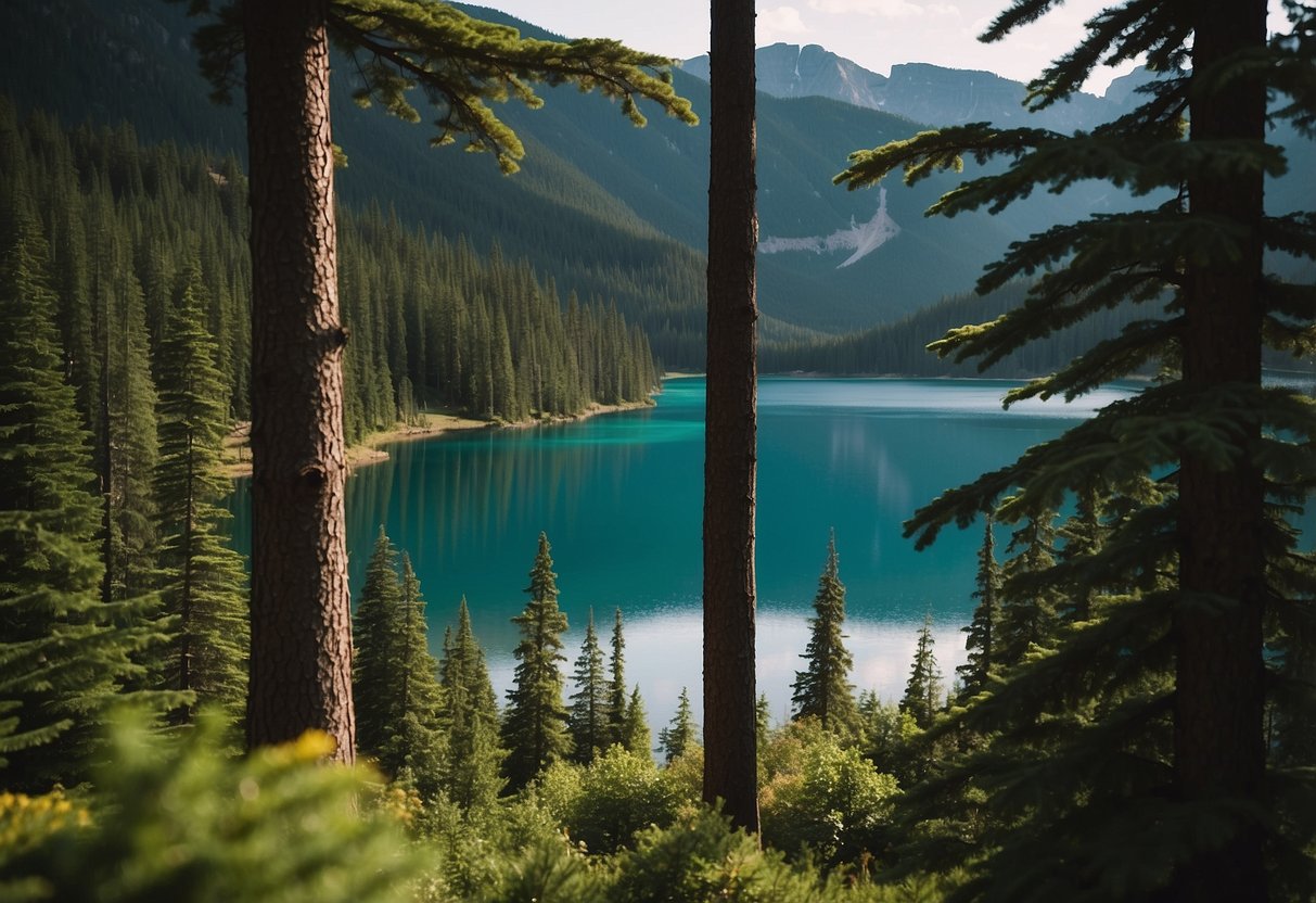 Lush forest with towering pine trees, a serene lake reflecting the surrounding mountains, and a colorful array of wildlife in Kanada