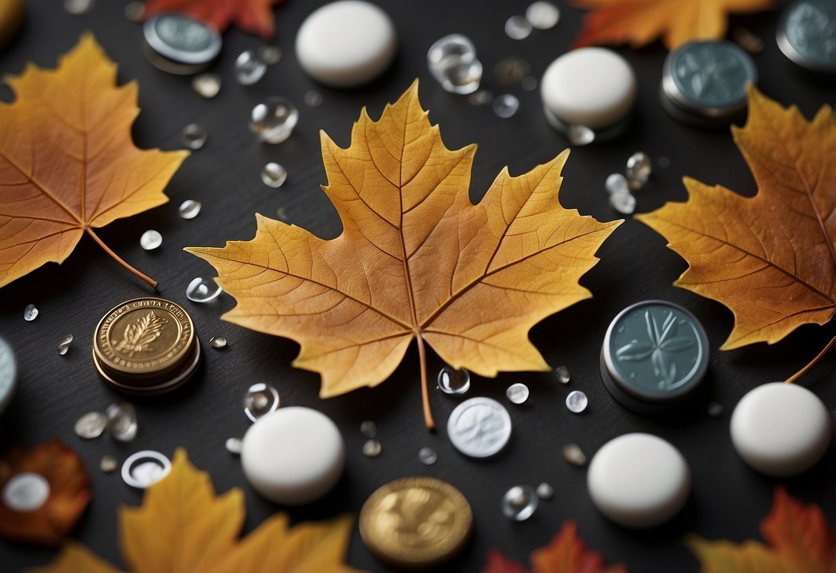 A Canadian maple leaf surrounded by symbols of Canadian history and culture