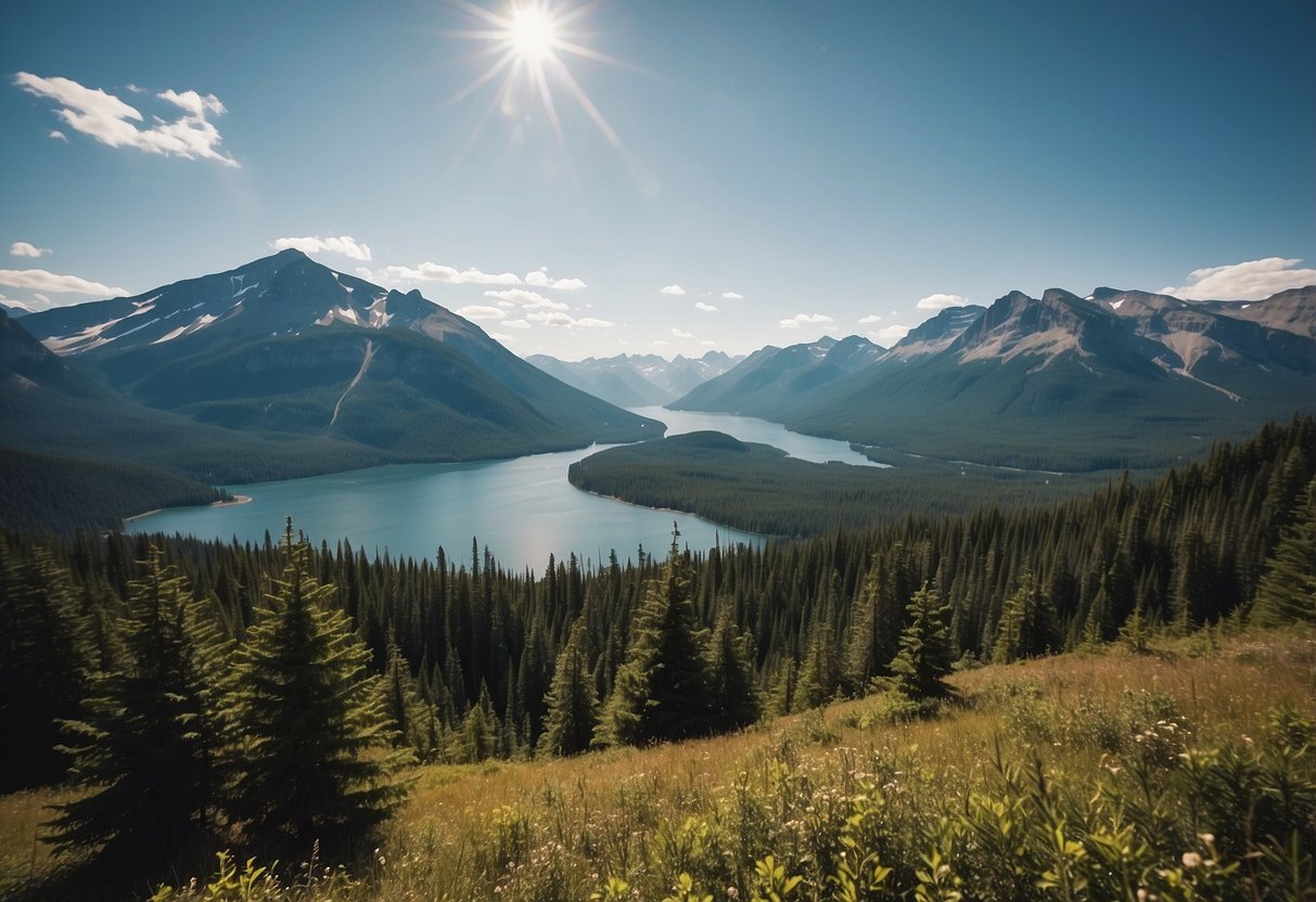 A vast Canadian landscape with mountains, forests, and lakes under a clear blue sky