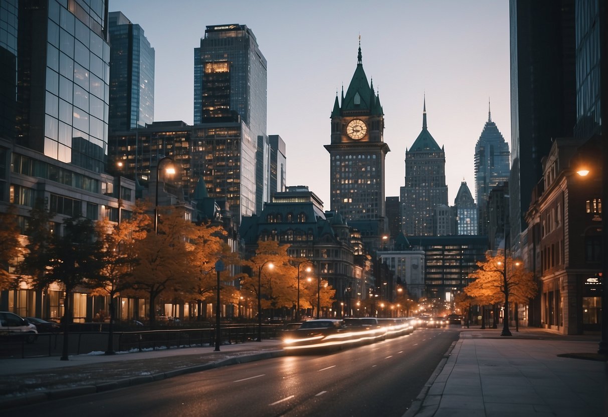 A bustling Canadian cityscape with skyscrapers, bustling streets, and a mix of modern and historic architecture