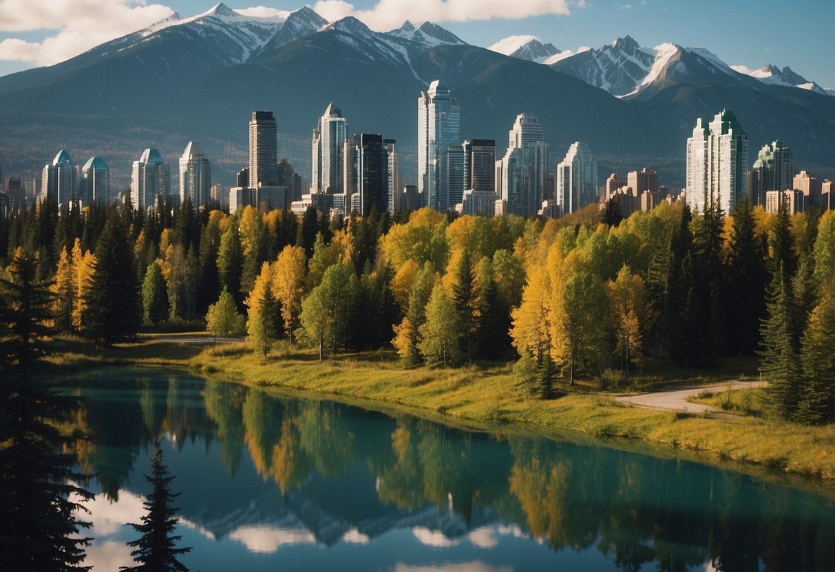 A bustling Canadian city with skyscrapers, parks, and diverse people. Snow-capped mountains and lush forests in the distance