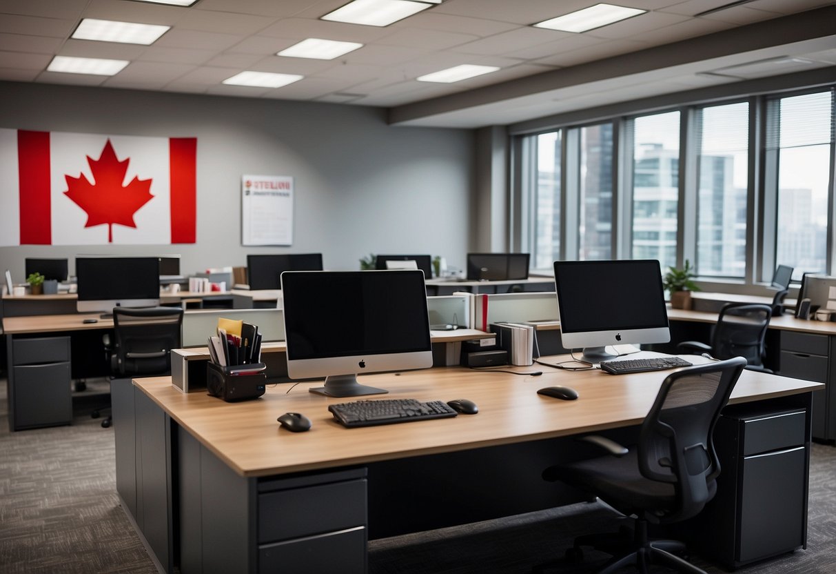 A modern office setting in Canada with desks, computers, and filing cabinets. The room is well-lit and organized, with a Canadian flag hanging on the wall