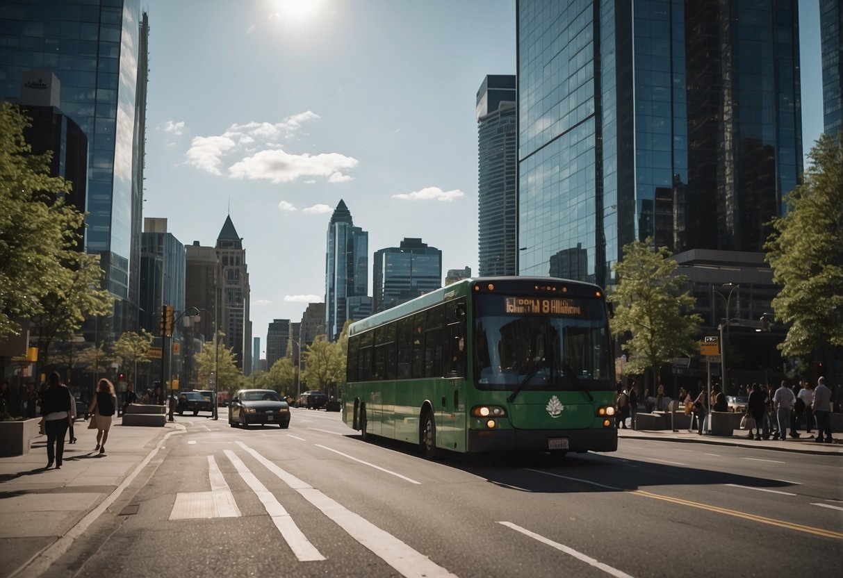 A bustling Canadian cityscape with modern buildings, green spaces, and bustling streets filled with pedestrians and vehicles