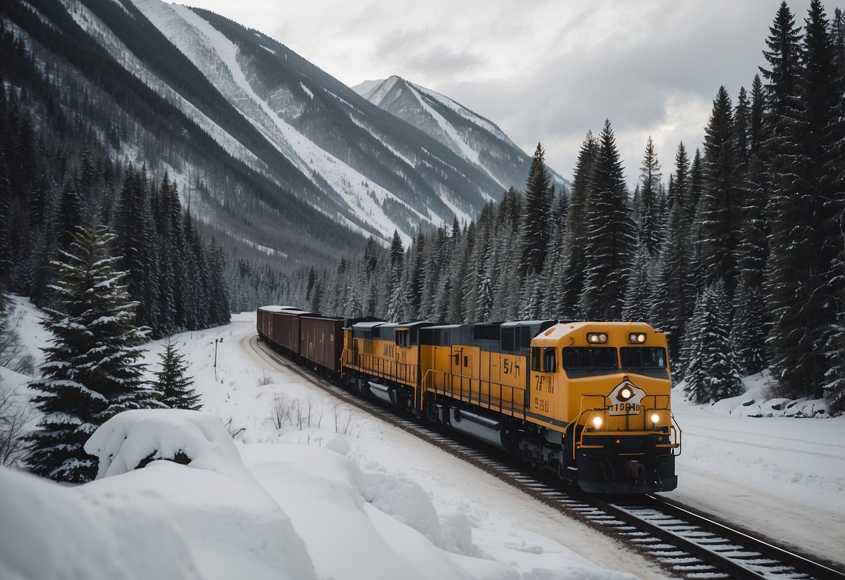 A train travels through a snowy Canadian landscape, passing by forests and mountains, with a network of roads and bridges weaving through the terrain