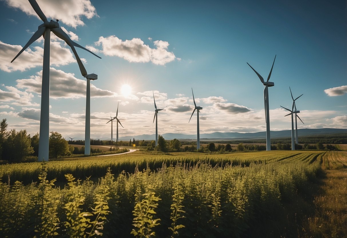 A lush Canadian landscape with modern technology, such as wind turbines and solar panels, integrated into the natural environment