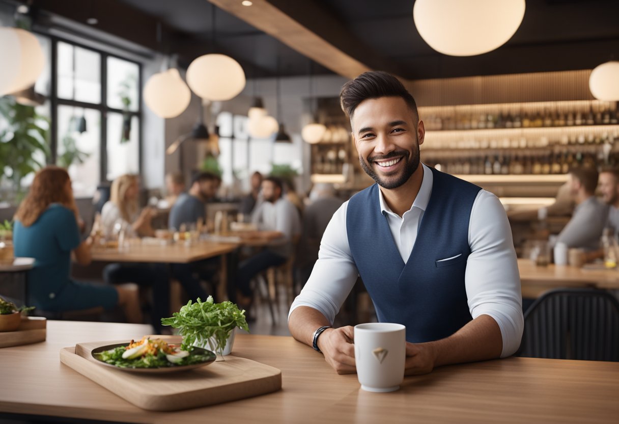 A restaurant owner smiling as AI phone agents increase sales. Tables show growth in revenue and customer satisfaction