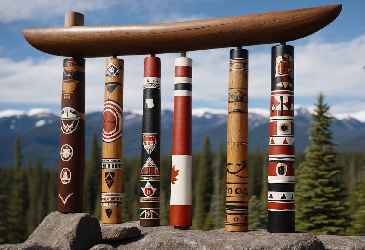 Canadian symbols: maple leaf, beaver, hockey stick, totem pole, and Inukshuk