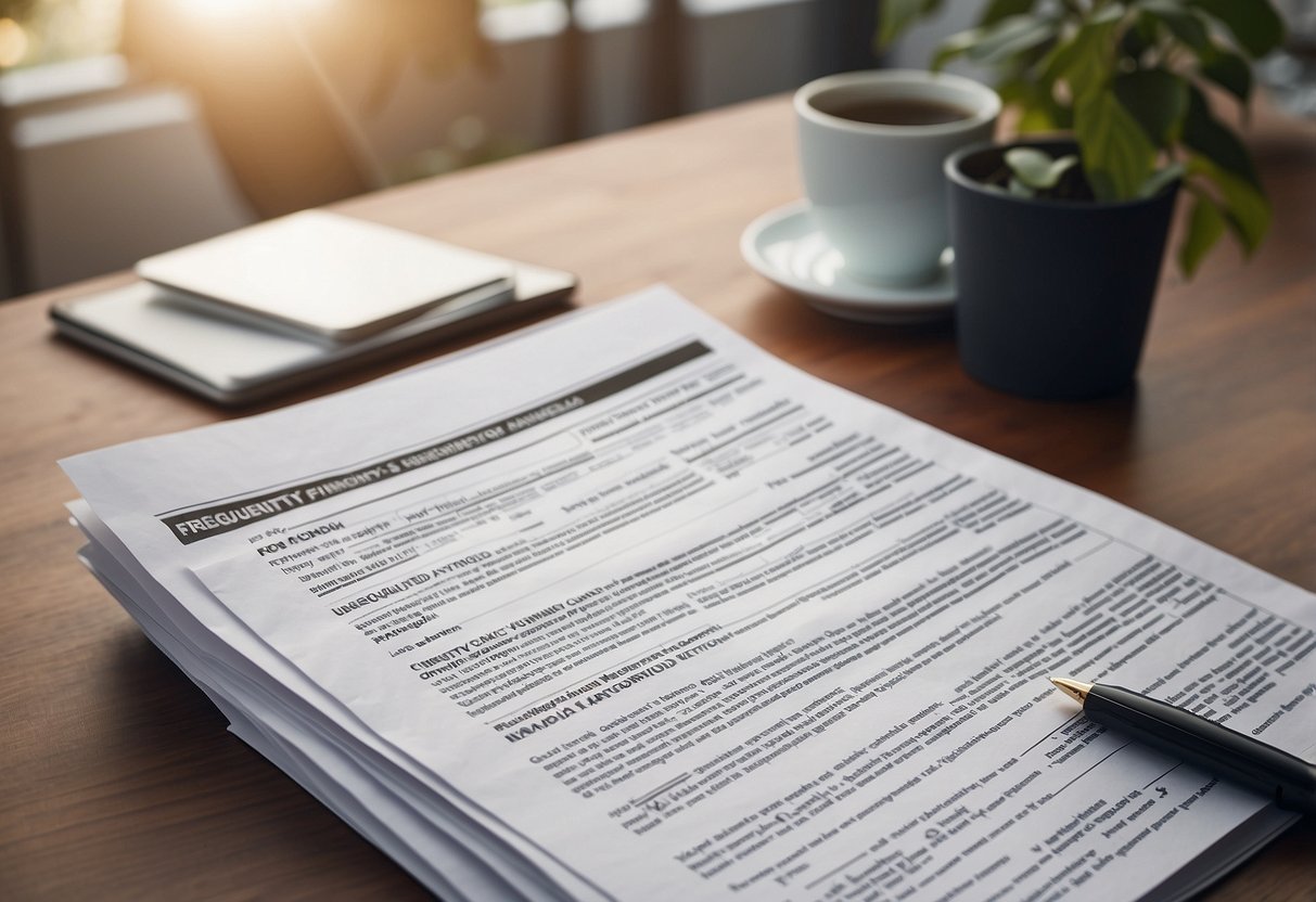 A stack of papers with "Frequently Asked Questions Kanada" printed on top. An open laptop with a website displaying the same title