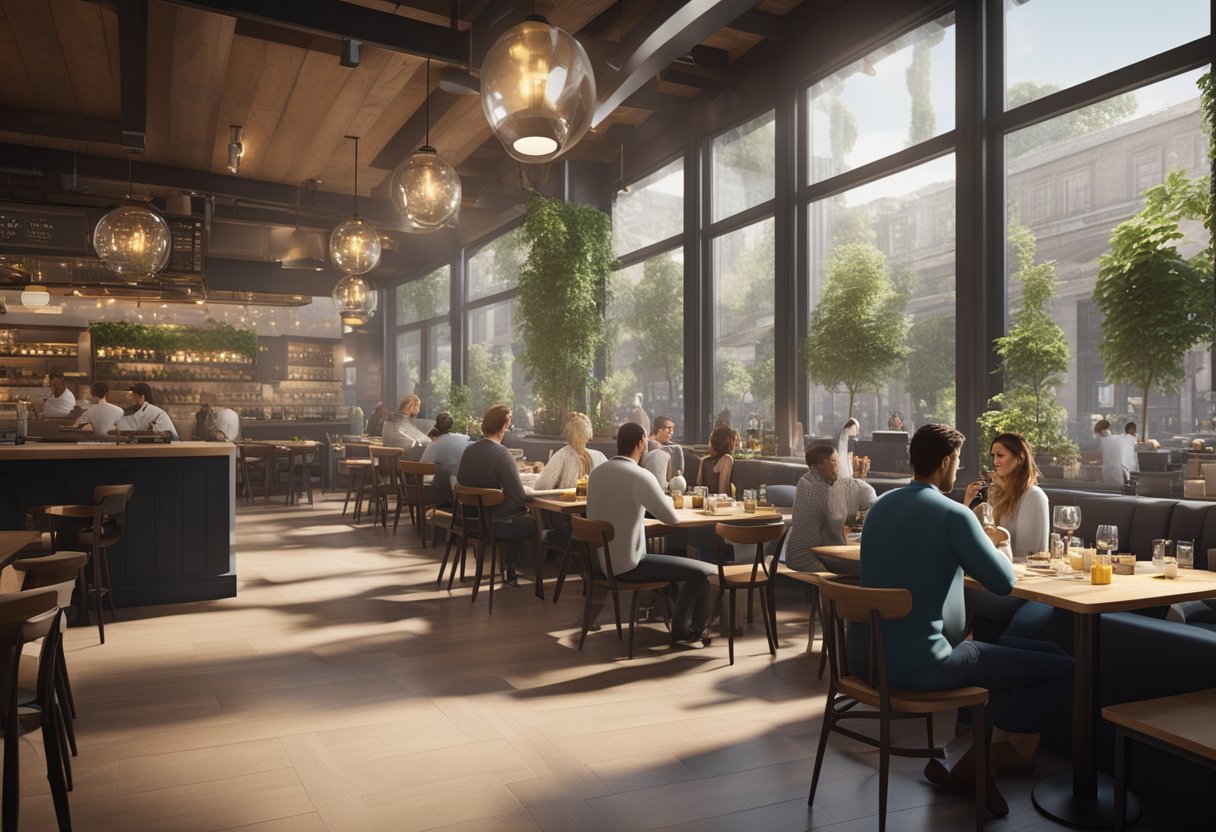 A busy restaurant with customers dining and a phone on the counter. AI agent on the screen. Tables and chairs fill the space