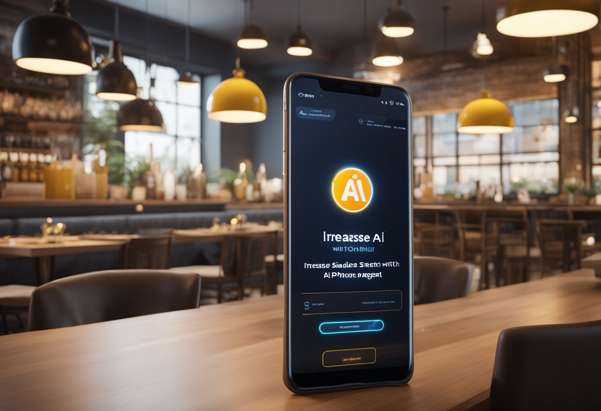 A restaurant phone ringing with a bright AI logo displayed on the screen, while a banner reads "Increase sales with AI phone agent" in the background