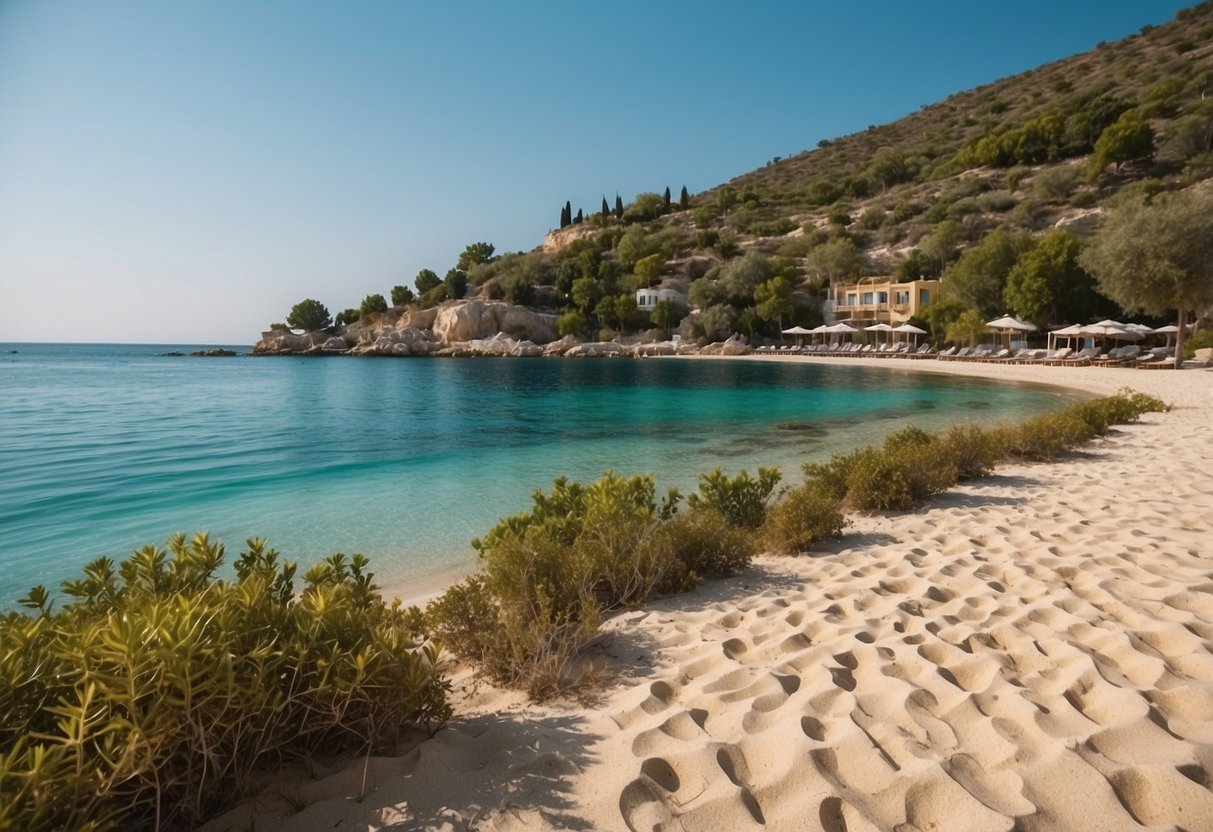 A serene beach with crystal clear turquoise waters, golden sandy shores, and lush green palm trees lining the coast in the beautiful vacation area of Turkey