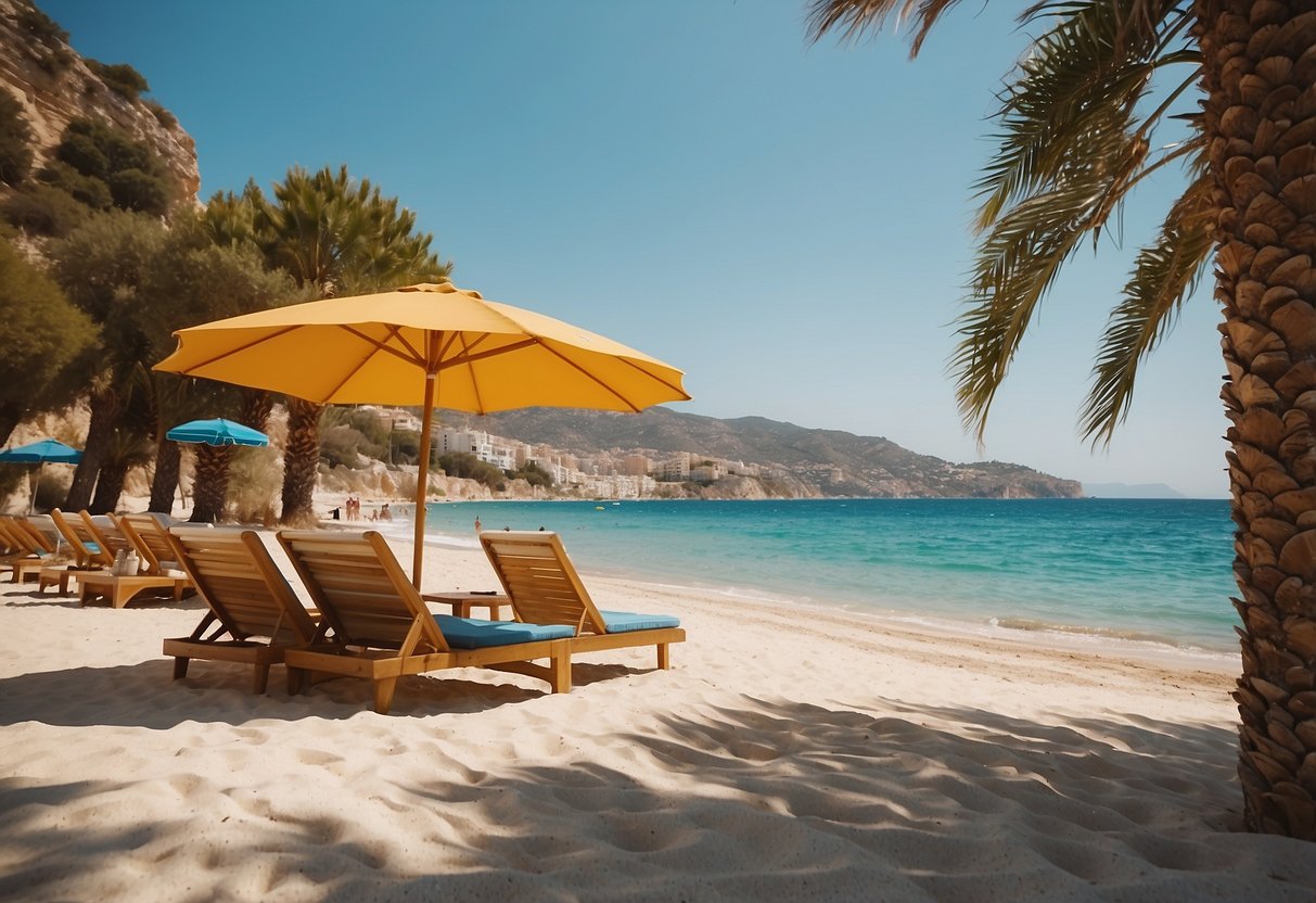 A serene beach in Turkey with clear blue waters and golden sand. Palm trees sway in the gentle breeze, and colorful umbrellas dot the shoreline