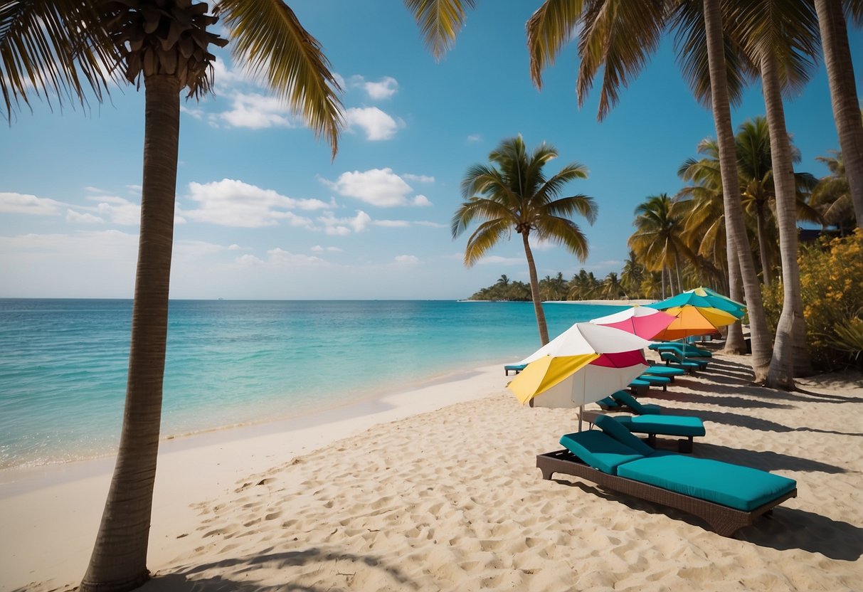 Turquoise waters meet white sandy beaches, with palm trees swaying in the gentle breeze and colorful umbrellas dotting the shoreline