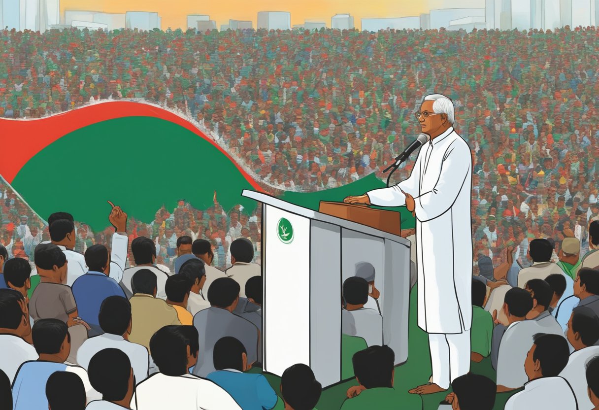 Yunus Stands At The Podium, Addressing A Crowd In Bangladesh. The Country'S Flag Waves In The Background, Symbolizing The Future Of The Nation'S Leadership