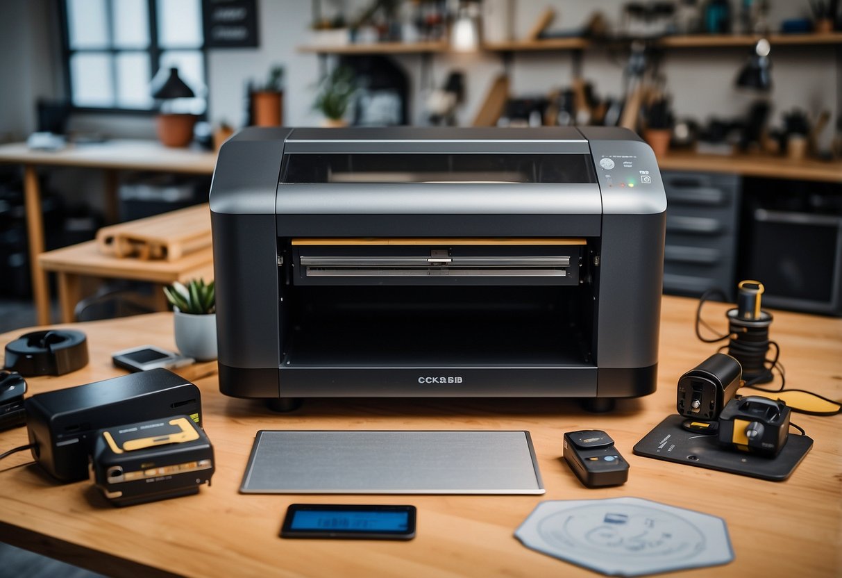 A desktop CO2 laser engraver sits on a clutter-free workbench, surrounded by various materials and tools. A computer monitor displays design software, while a finished engraved product showcases the machine's capabilities