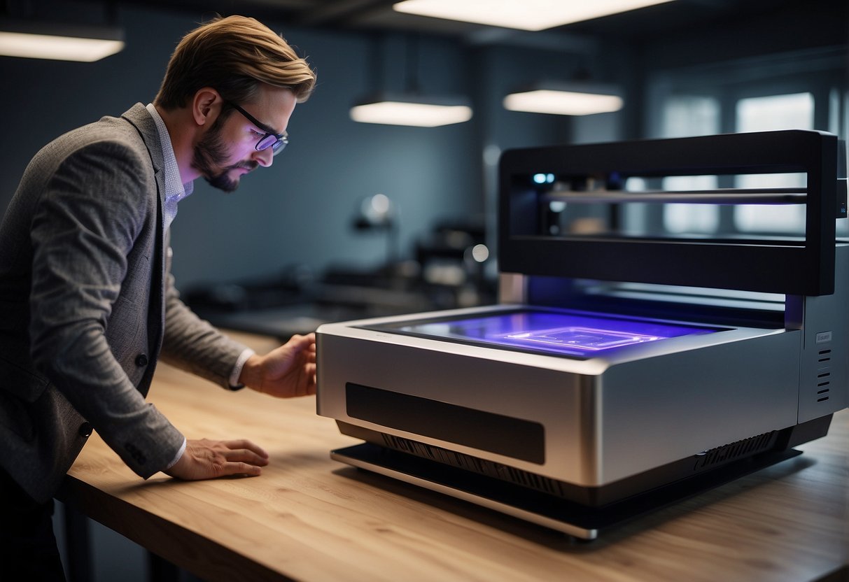 A person stands in front of a CO2 laser engraver, weighing the decision to upgrade to a desktop model. The machine is sleek and modern, with a control panel and a laser beam ready for use