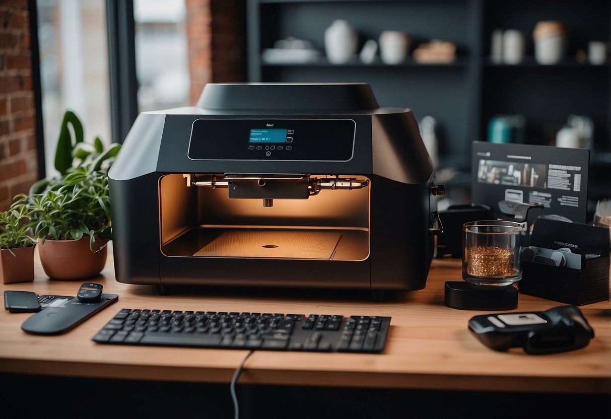 A desktop CO2 laser engraver surrounded by various materials and products, with a sign reading 'Frequently Asked Questions: Should You Upgrade?' displayed prominently