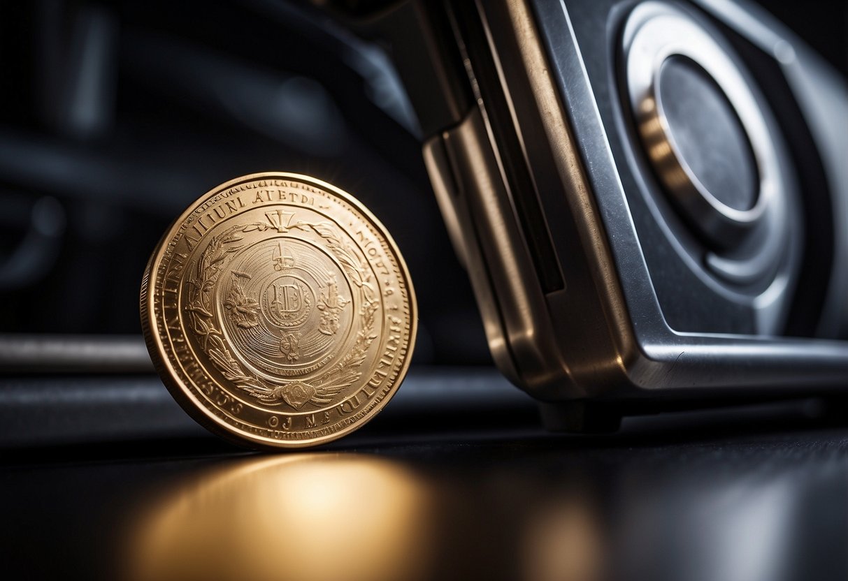 A laser engraver etches deep into a metal coin, emitting a precise beam of light. The machine's sleek design and focused precision create a striking visual