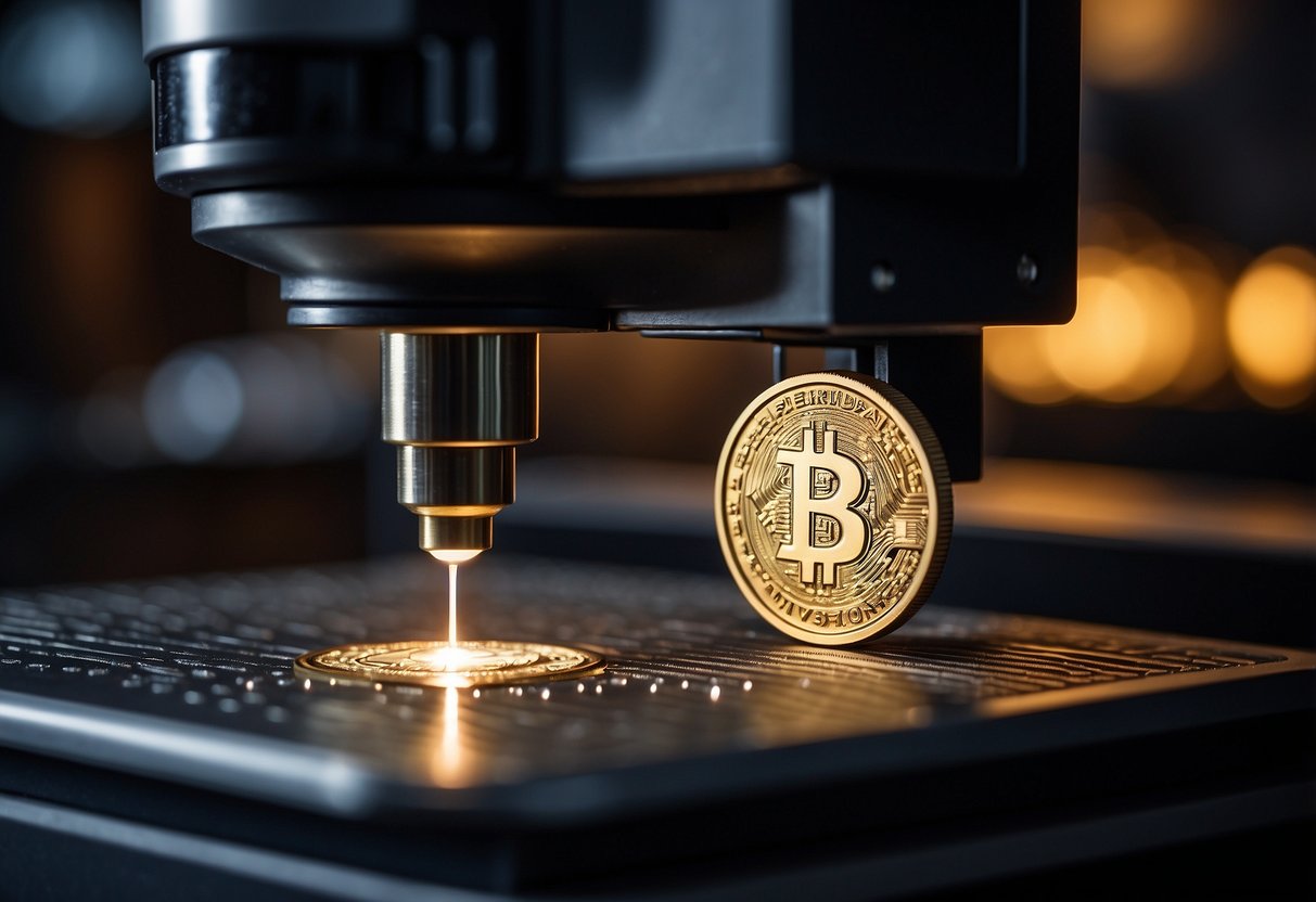 A laser engraver machine engraves deep into a coin with precision and detail, emitting a bright light as it works