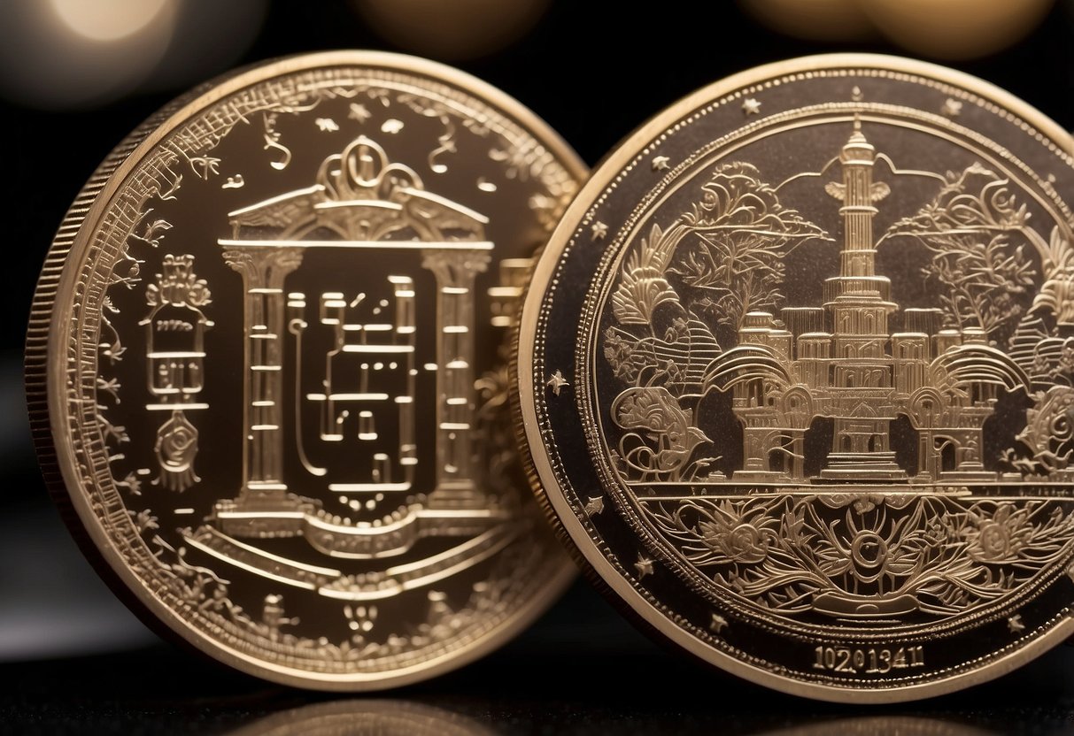 A laser engraver etches intricate designs onto a coin, creating depth and detail. The machine emits a precise beam, carefully crafting the coin's surface