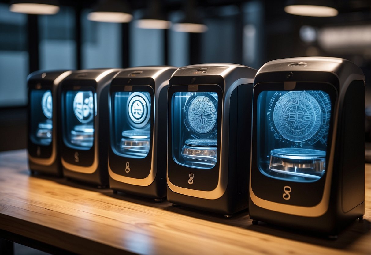 A table with 5 different laser engravers, each labeled with their specific features for deep coin engraving. Bright lighting highlights the details of the machines