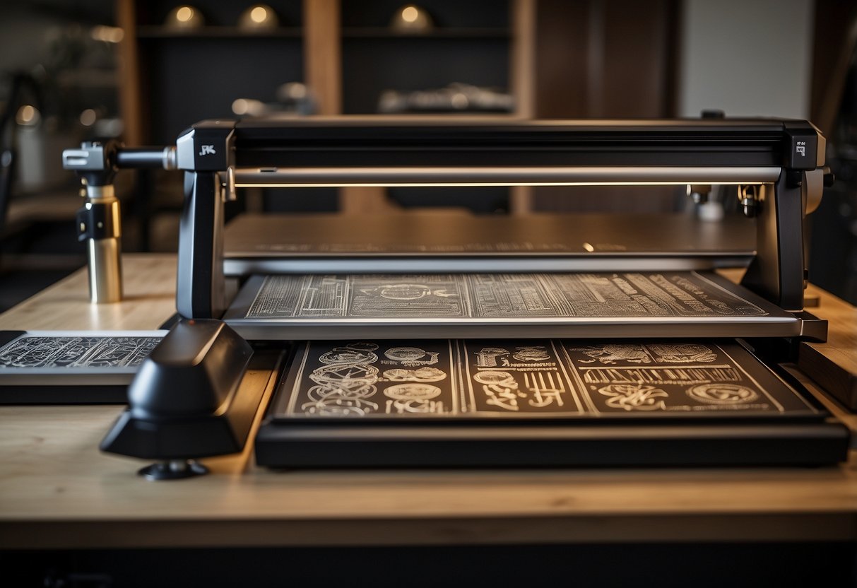 A table with 5 laser engravers, each with deep coin engravings, tools and materials neatly organized around them