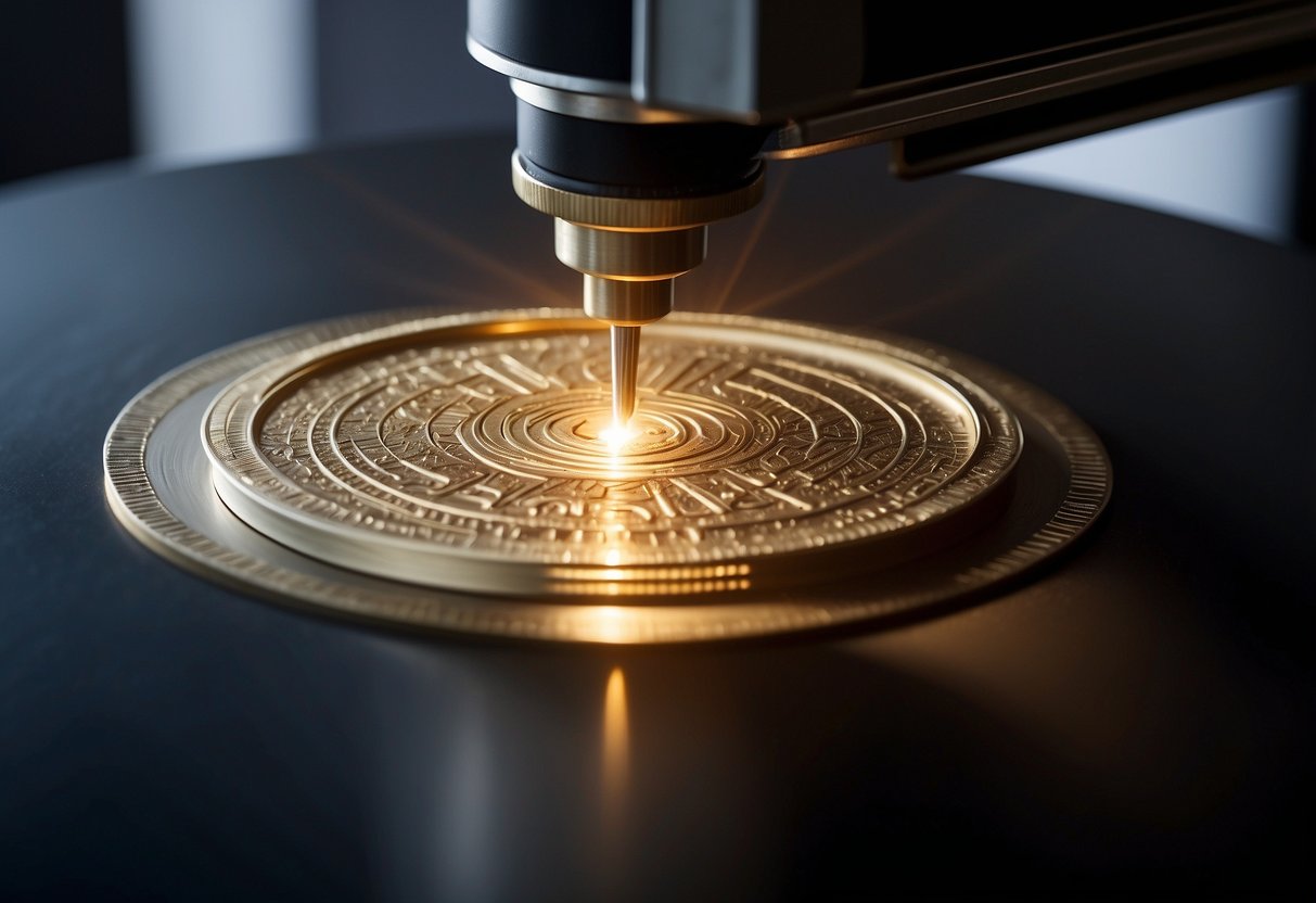 A laser engraver etches deep into a coin, emitting a precise beam of light onto the metal surface. The machine operates with precision, creating intricate designs and text