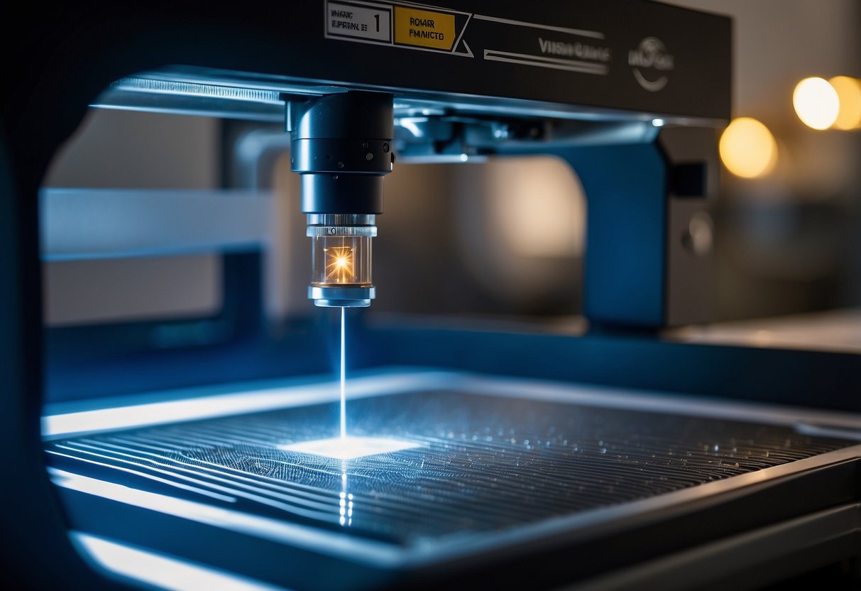 A CO2 laser engraver in action, emitting a precise beam onto a material, creating intricate designs with precision and accuracy. The machine is connected to a computer, with the laser head moving smoothly across the surface