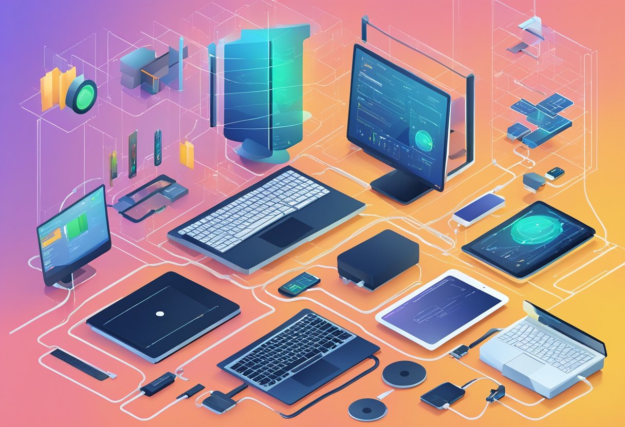 A computer screen displaying 3uTools interface with various advanced functionalities and tools, surrounded by electronic devices and cables