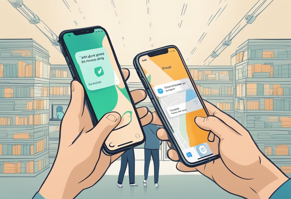 An open hand holds an iPhone, while another hand taps the "Find My" app on the screen. The phone emits a ping as it locates a friend's lost device