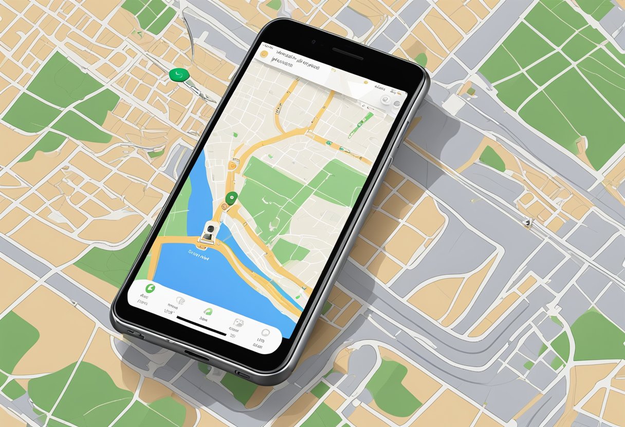 A phone lying on a table, with the 'Find My iPhone' app open on the screen, showing the location of the device on a map