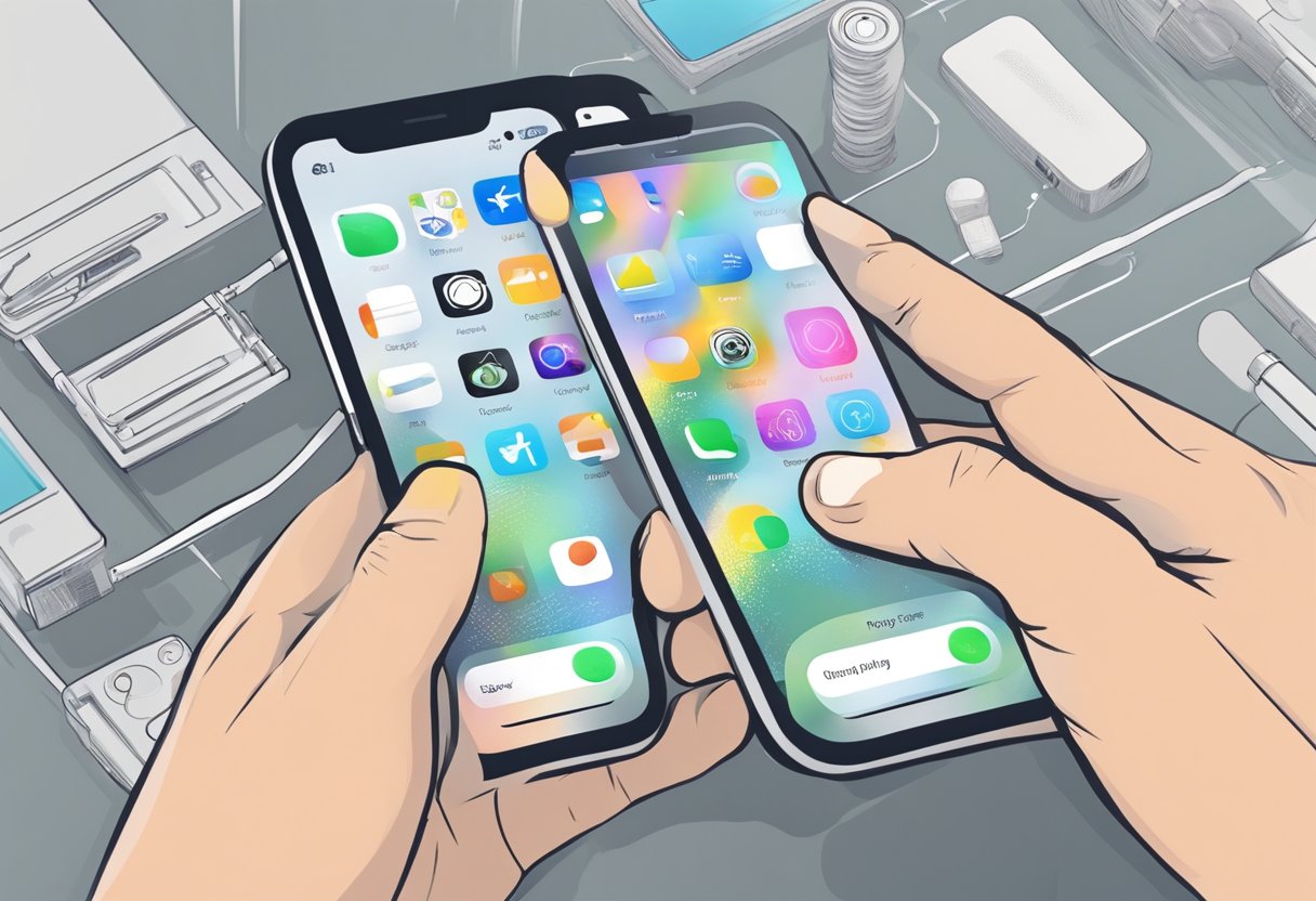 A hand holding a smartphone, tapping through settings to activate 'Find My iPhone' app