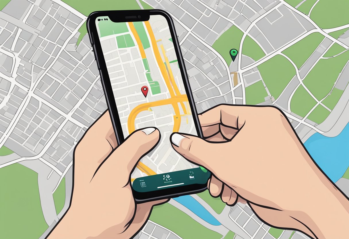 A hand holding a smartphone with the "Find My iPhone" app open, displaying a map with a pinpointed location