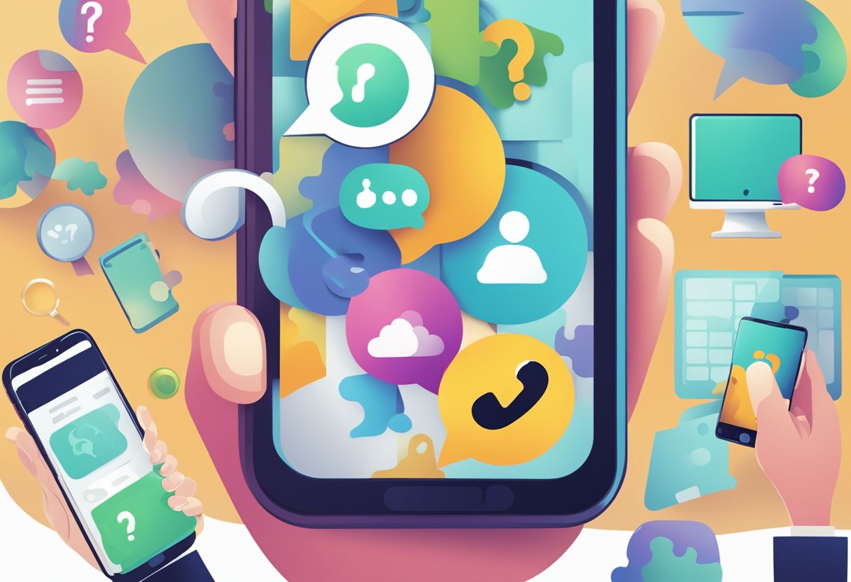 A hand holding an iPhone, with a puzzled expression. A magnifying glass hovers over the phone, while speech bubbles with question marks float around